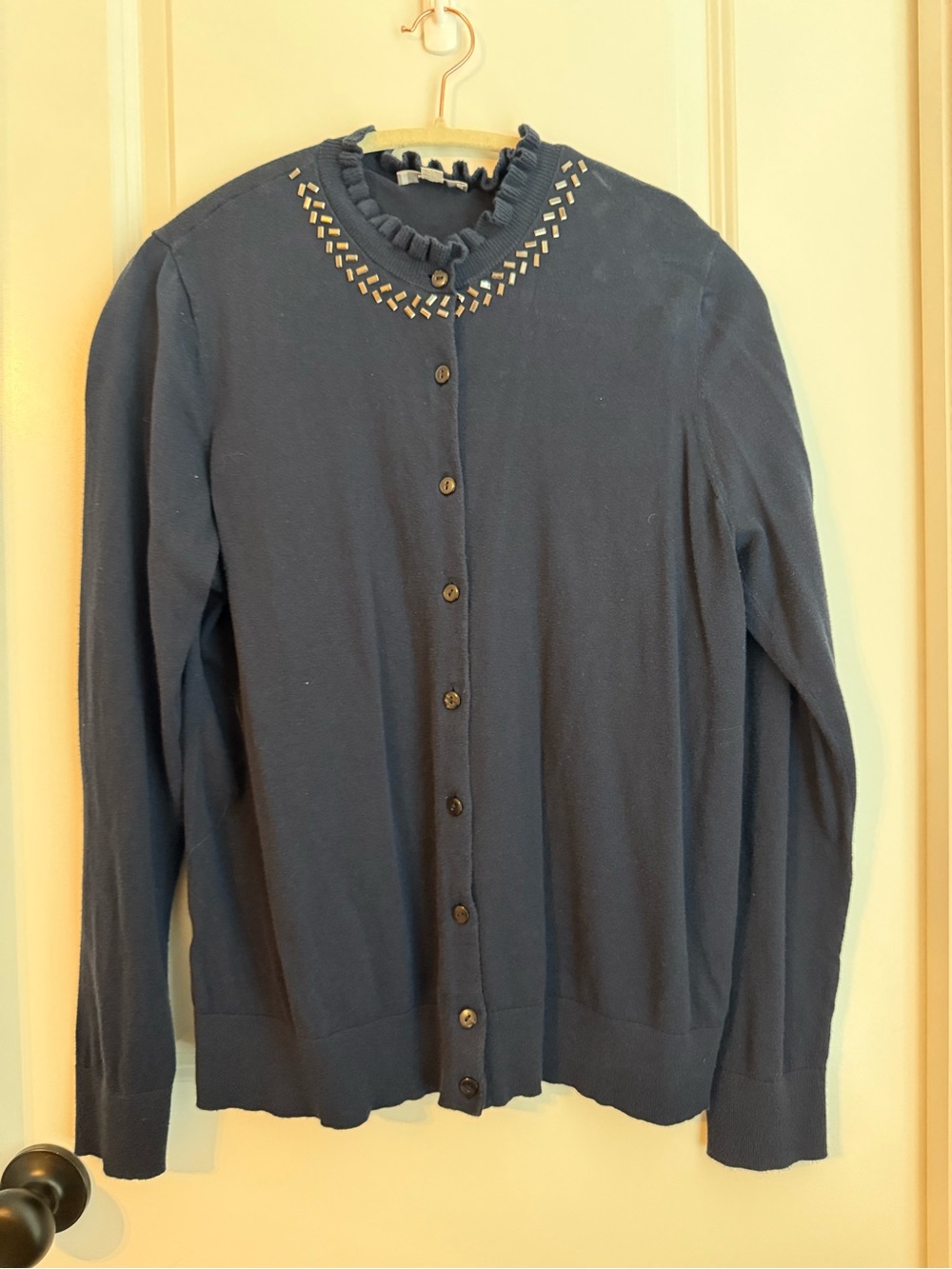LOFT Navy Ruffle-Neck Cardigan with Silver Embellishments